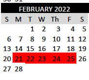 Mid-Winter Break & President's Day Holiday- School Closed, February 21 - 25 , 2022